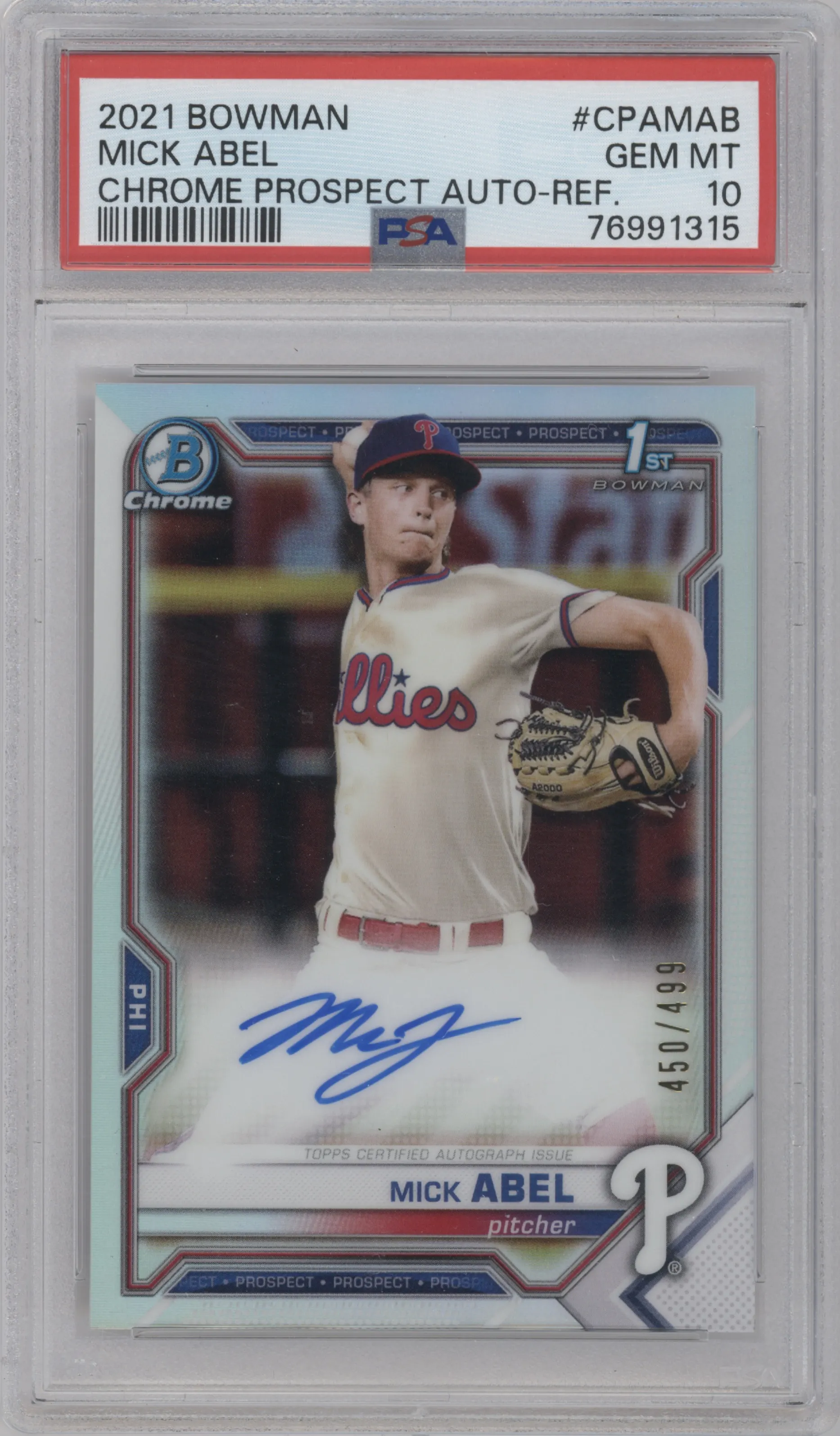 2021 Bowman Chr.Pros.Auto Mick Abel Refractor PSA 10
