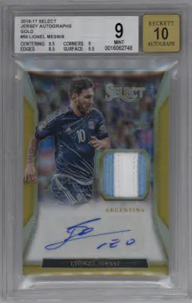 Lionel Messi from the 2016-17 Panini Select set featuring a Gold parallel graded by Beckett and given an overall grade of 9.