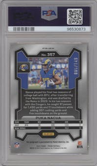 Puka Nacua from the 2023 Panini Prizm set featuring a Red Wave parallel graded by PSA and given an overall grade of 10.