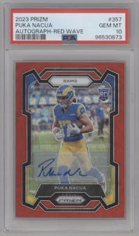 Puka Nacua from the 2023 Panini Prizm set featuring a Red Wave parallel graded by PSA and given an overall grade of 10.