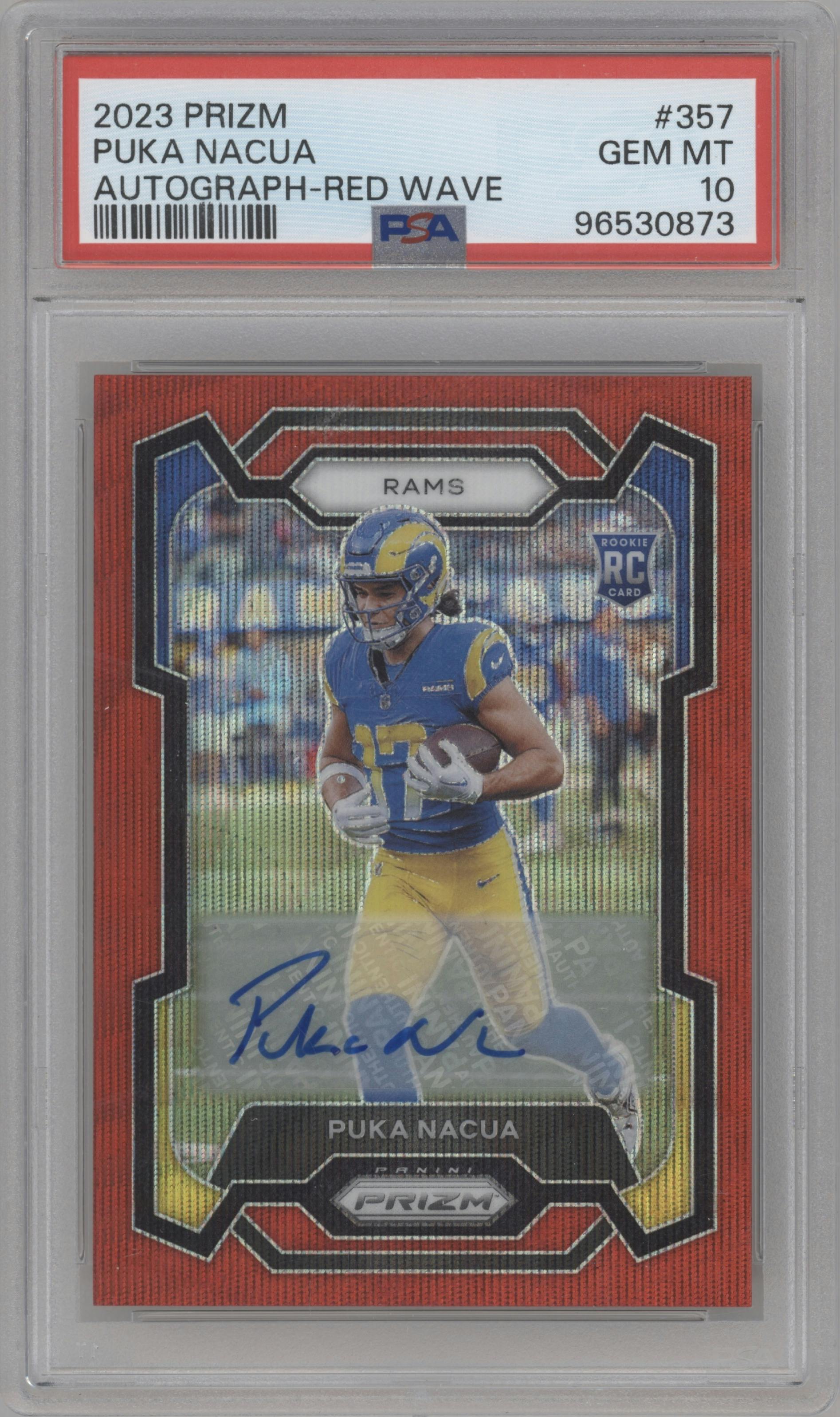 Puka Nacua from the 2023 Panini Prizm set featuring a Red Wave parallel graded by PSA and given an overall grade of 10.