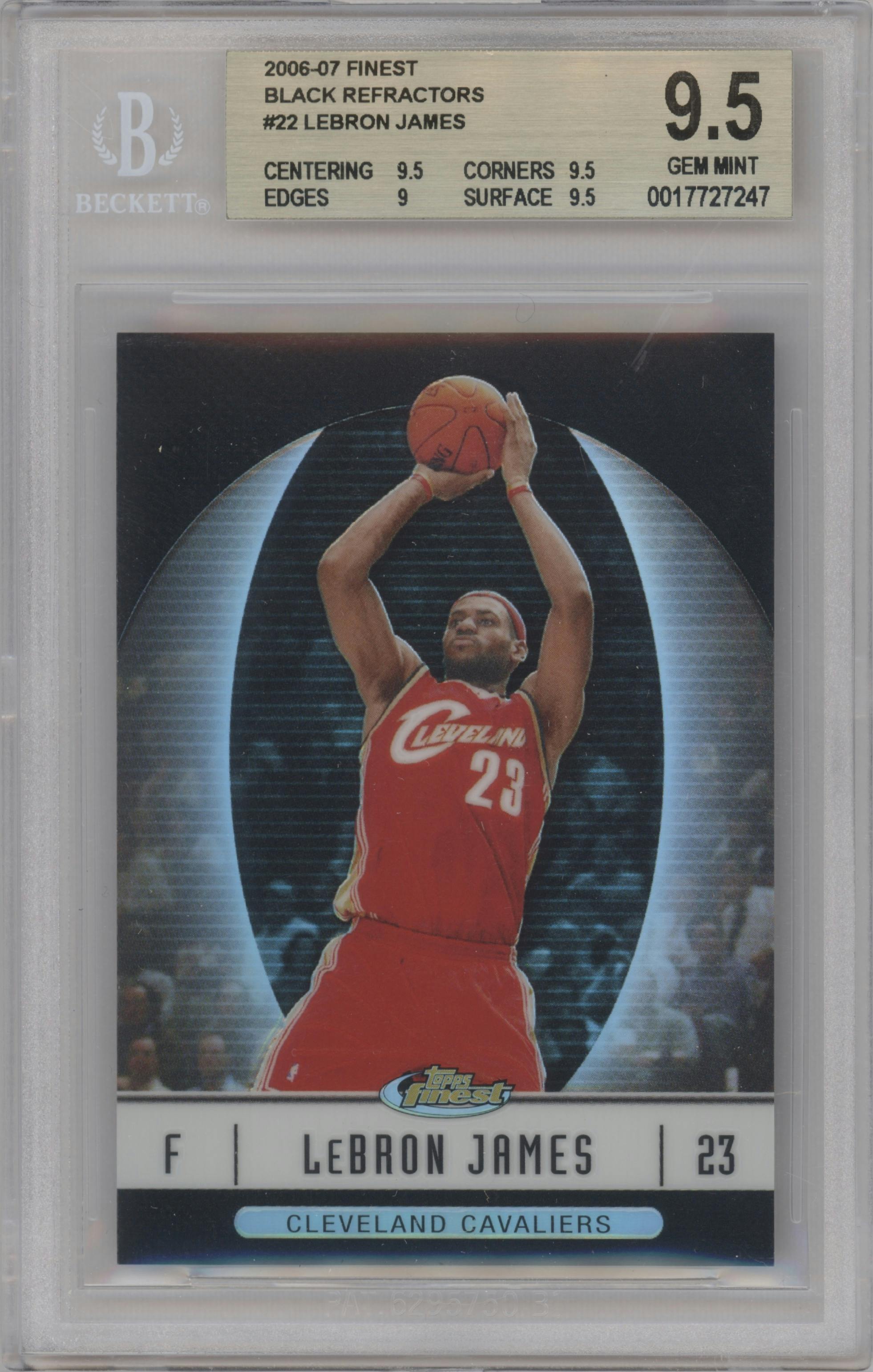 LeBron James from the 2006-07 Topps Finest set featuring a Black Refractor parallel graded by Beckett and given an overall grade of 9.5.