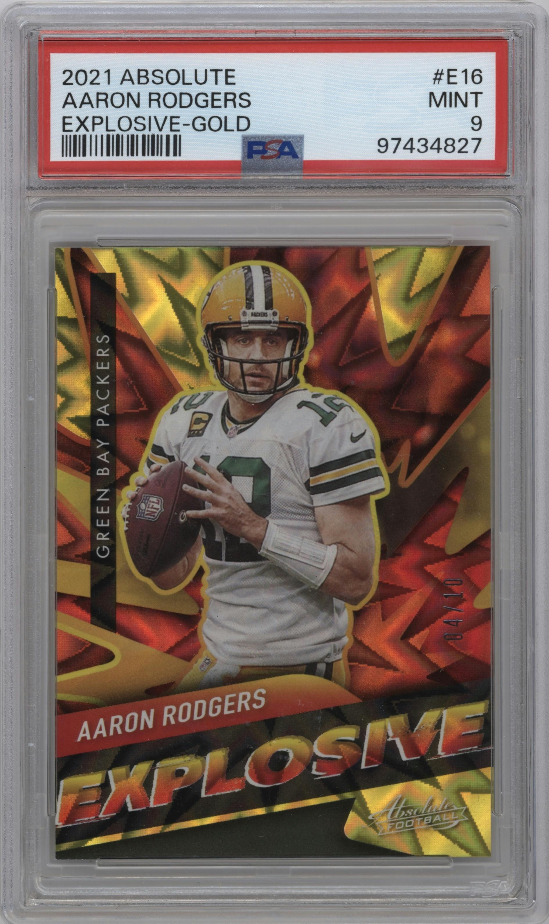 Aaron Rodgers from the 2021 Panini Absolute set featuring a Gold parallel graded by PSA and given an overall grade of 9.