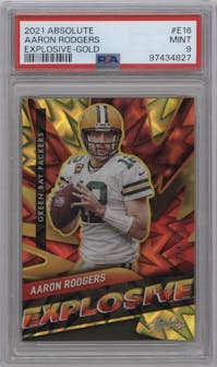 Aaron Rodgers from the 2021 Panini Absolute set featuring a Gold parallel graded by PSA and given an overall grade of 9.