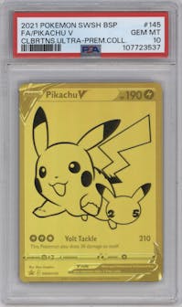 Pikachu V from the 2021 Pokemon SWSH set featuring a Celebrations Ultra Premium Collection parallel graded by PSA and given an overall grade of 10.