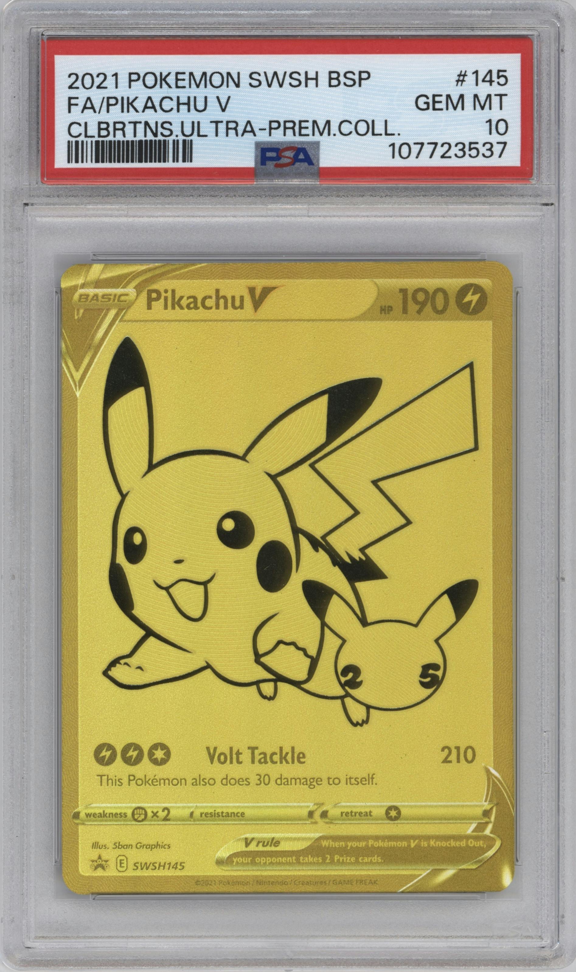 Pikachu V from the 2021 Pokemon SWSH set featuring a Celebrations Ultra Premium Collection parallel graded by PSA and given an overall grade of 10.