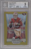 Brock Purdy from the 2023 Panini Prizm set featuring a Gold parallel graded by Beckett and given an overall grade of 9.
