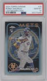 Ronny Mauricio from the 2024 Topps Chrome set featuring a Lightboard Logo Refractor parallel graded by PSA and given an overall grade of 10.