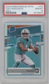 Tua Tagovailoa from the 2020 Panini Donruss Optic set featuring a Holo parallel graded by PSA and given an overall grade of 10.