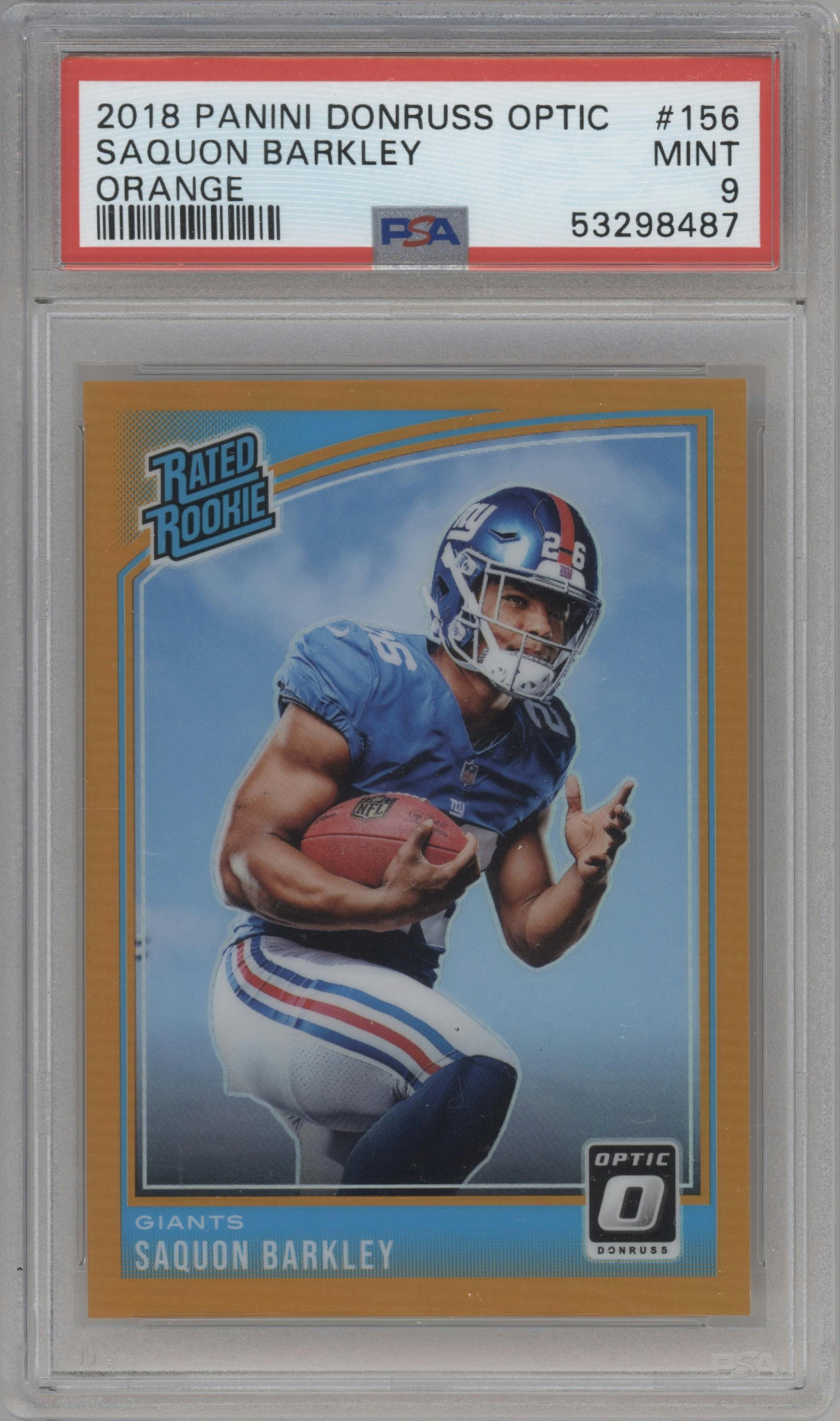 Saquon Barkley from the 2018 Panini Donruss Optic set featuring a Orange parallel graded by PSA and given an overall grade of 9.