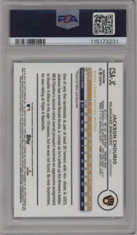 Jackson Chourio from the 2024 Topps Chrome Sapphire set featuring a Green parallel graded by PSA and given an overall grade of 10.