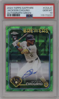 Jackson Chourio from the 2024 Topps Chrome Sapphire set featuring a Green parallel graded by PSA and given an overall grade of 10.