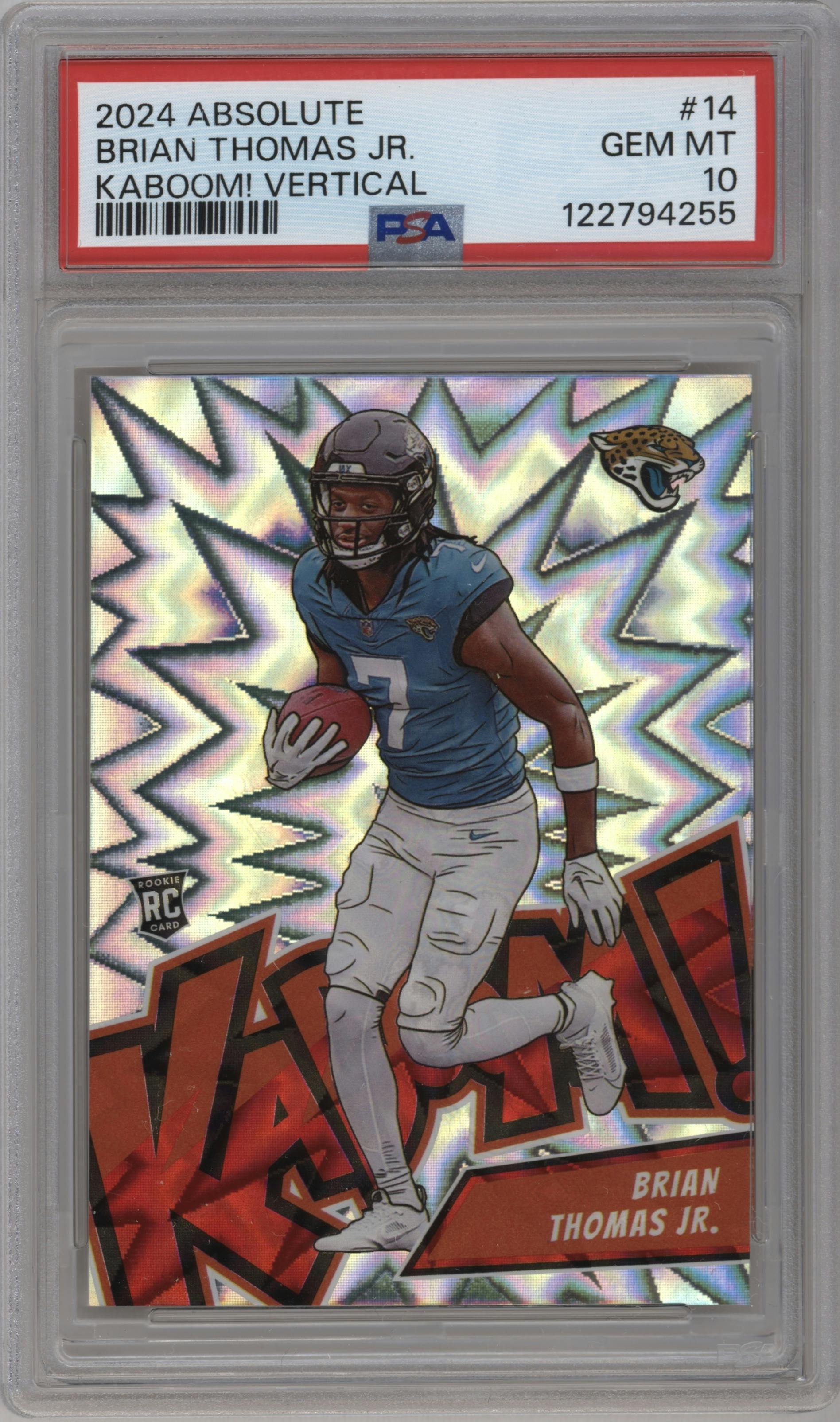 Brian Thomas Jr. from the 2024 Panini Absolute set graded by PSA and given an overall grade of 10.
