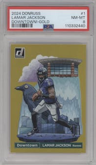 Lamar Jackson from the 2024 Donruss set featuring a Gold parallel graded by PSA and given an overall grade of 8.