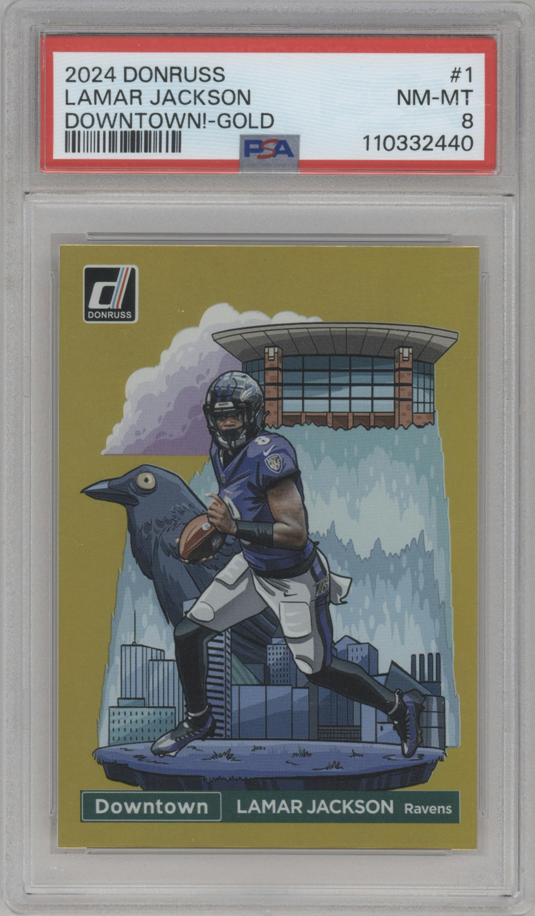 Lamar Jackson from the 2024 Donruss set featuring a Gold parallel graded by PSA and given an overall grade of 8.