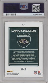 Lamar Jackson from the 2024 Donruss set featuring a Gold parallel graded by PSA and given an overall grade of 8.