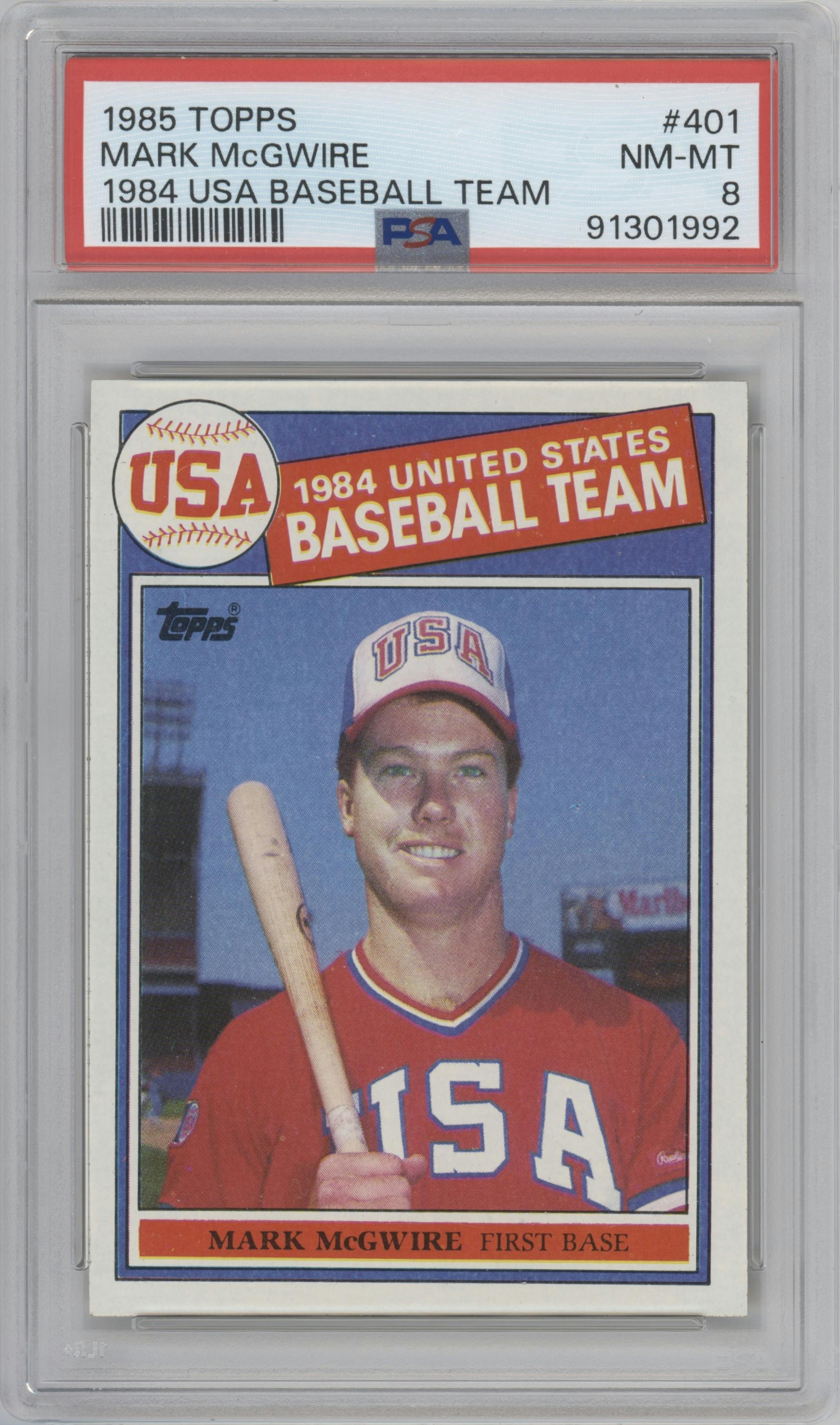 Mark McGwire from the 1985 Topps set graded by PSA and given an overall grade of 8.