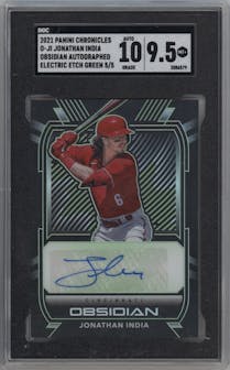 Jonathan India from the 2021 Panini Chronicles set featuring a Electric Etch Green parallel graded by SGC and given an overall grade of 9.5.