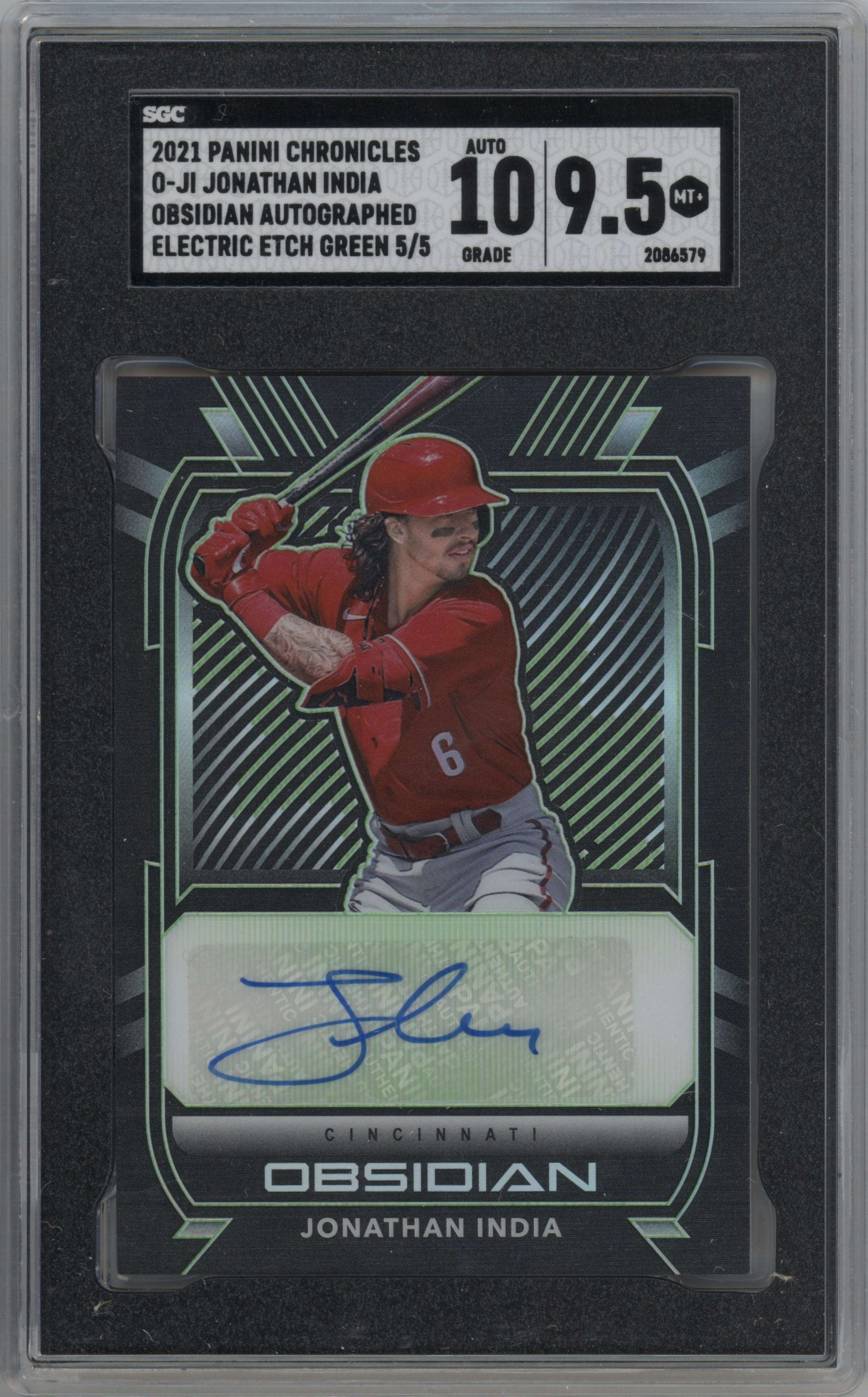 Jonathan India from the 2021 Panini Chronicles set featuring a Electric Etch Green parallel graded by SGC and given an overall grade of 9.5.