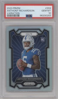 Anthony Richardson from the 2023 Panini Prizm set featuring a Silver Prizm parallel graded by PSA and given an overall grade of 10.