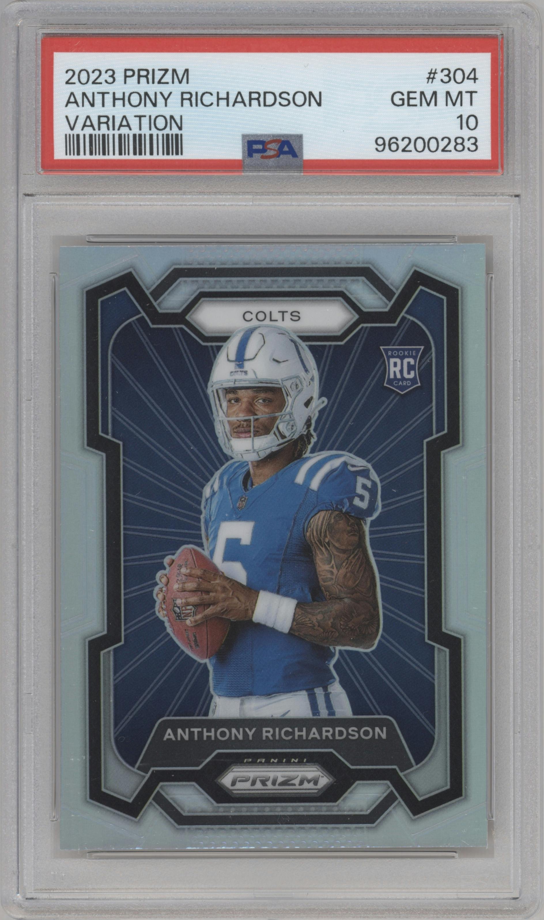 Anthony Richardson from the 2023 Panini Prizm set featuring a Silver Prizm parallel graded by PSA and given an overall grade of 10.