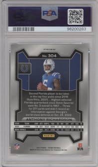 Anthony Richardson from the 2023 Panini Prizm set featuring a Silver Prizm parallel graded by PSA and given an overall grade of 10.