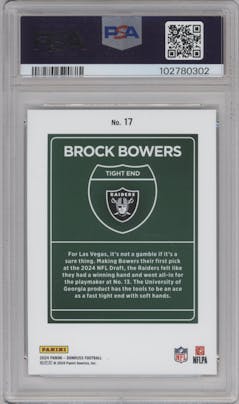 Brock Bowers from the 2024 Donruss set graded by PSA and given an overall grade of 10.