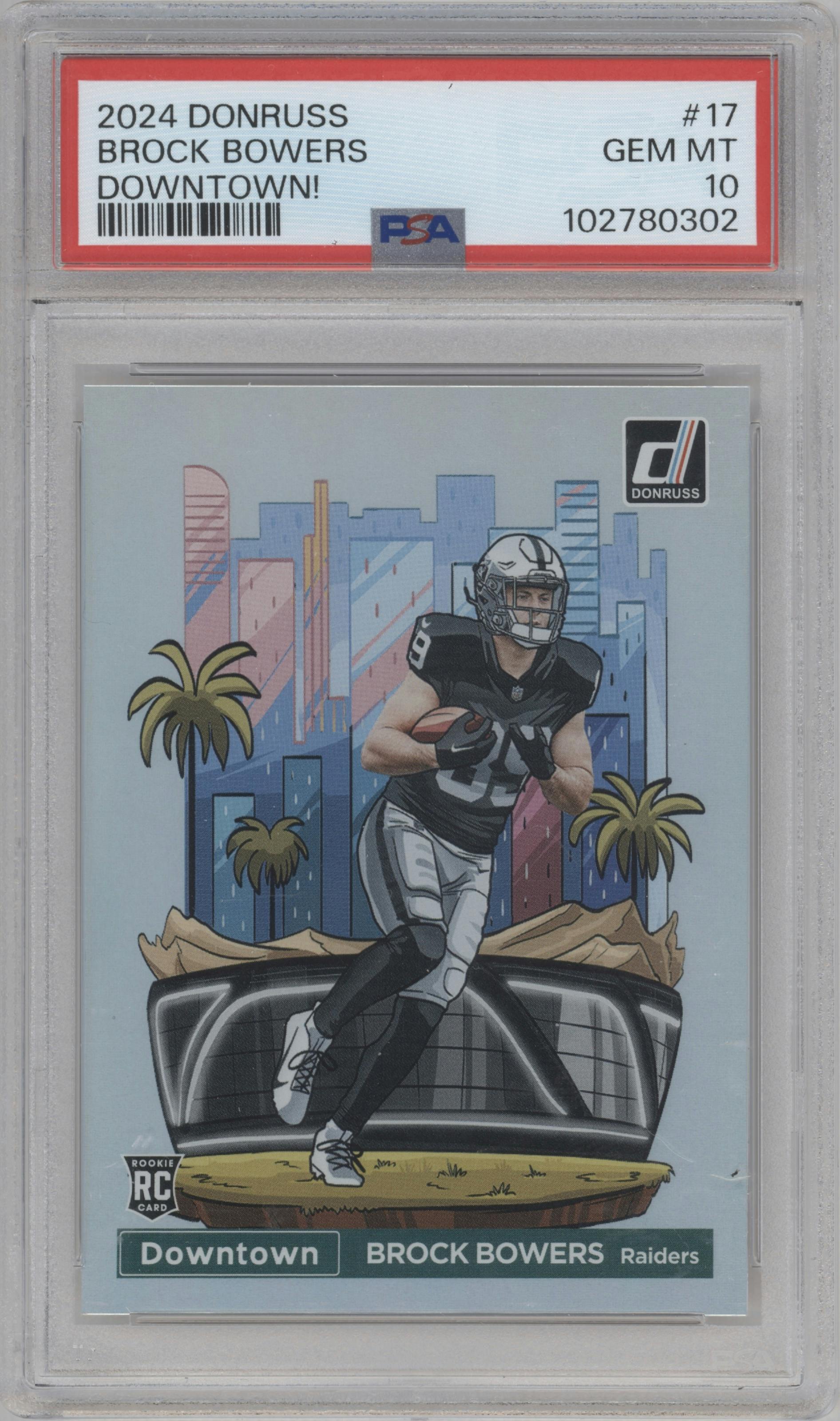 Brock Bowers from the 2024 Donruss set graded by PSA and given an overall grade of 10.