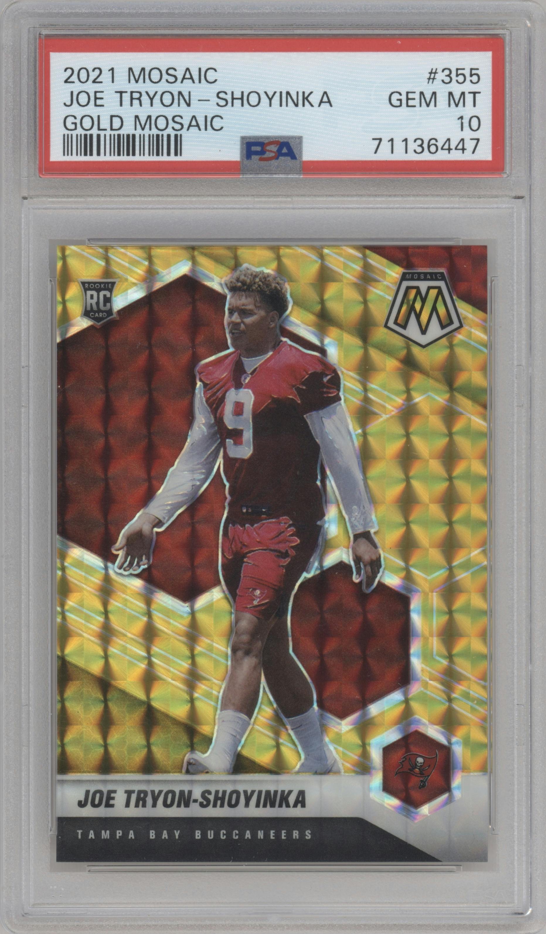 Joe Tryon-Shoyinka from the 2021 Panini Mosaic set featuring a Gold Mosaic parallel graded by PSA and given an overall grade of 10.