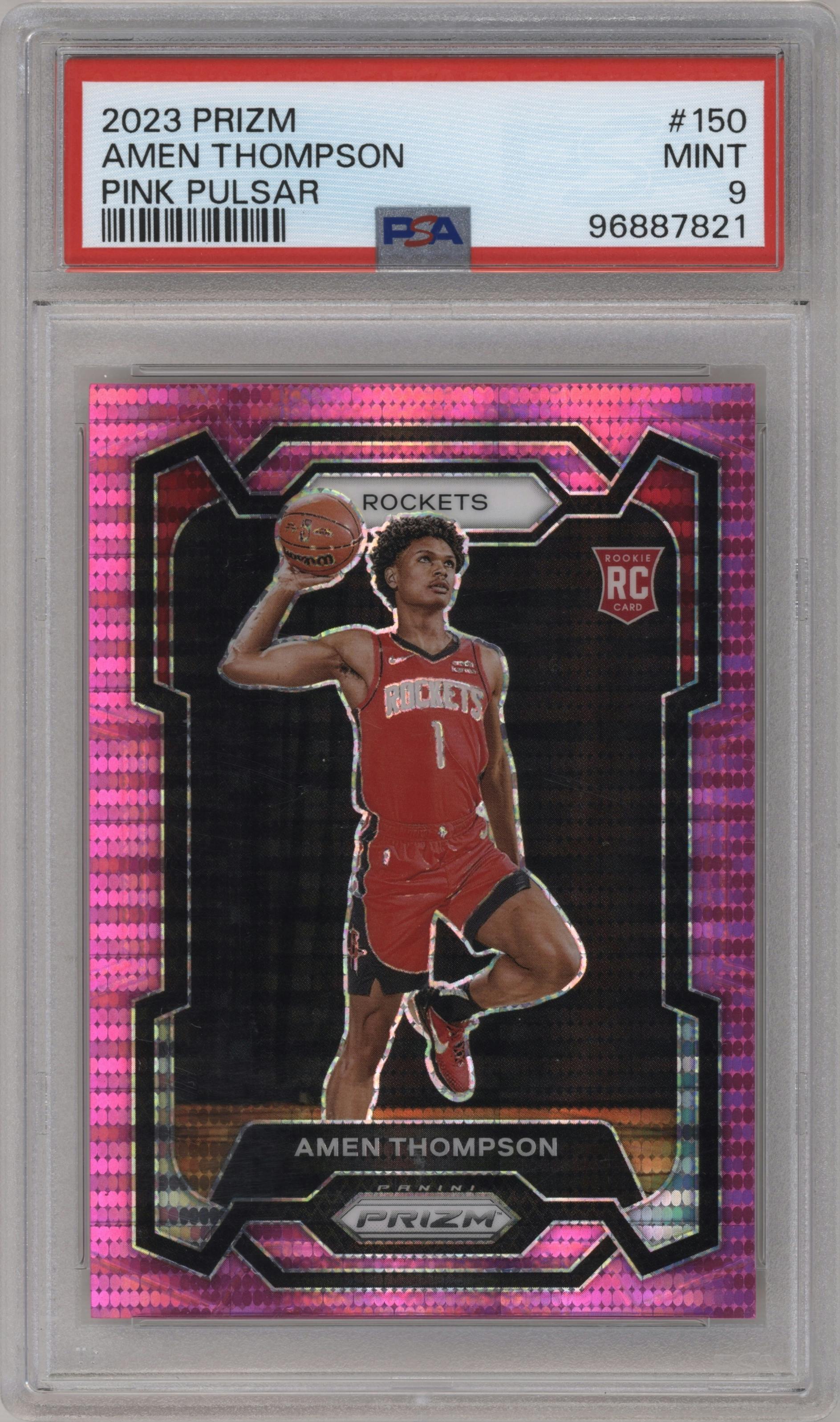 Amen Thompson from the 2023-24 Panini Prizm set featuring a Pink Pulsar parallel graded by PSA and given an overall grade of 9.