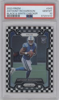 Anthony Richardson from the 2023 Panini Prizm set featuring a Black/White Checker parallel graded by PSA and given an overall grade of 10.