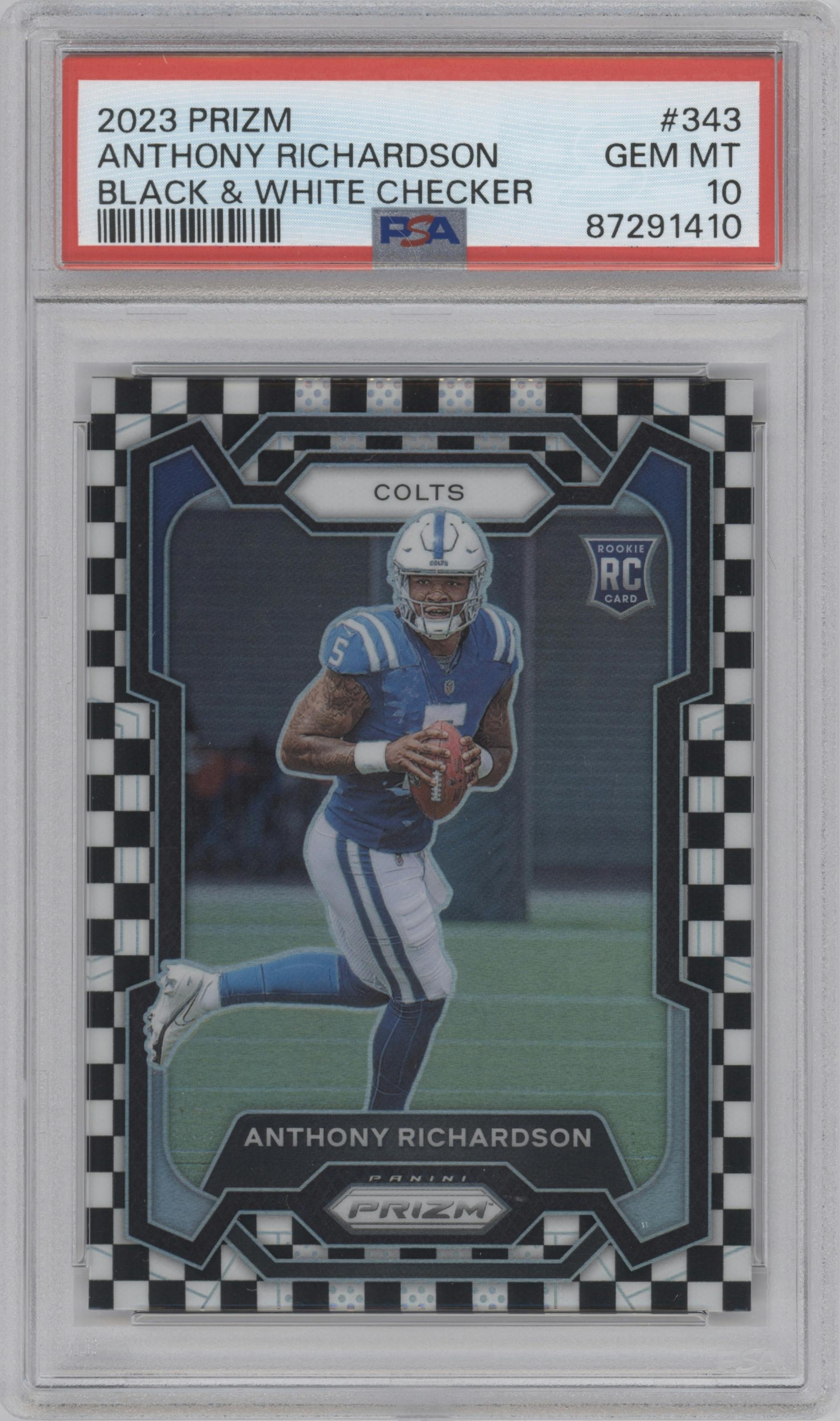 Anthony Richardson from the 2023 Panini Prizm set featuring a Black/White Checker parallel graded by PSA and given an overall grade of 10.