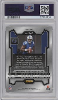 Anthony Richardson from the 2023 Panini Prizm set featuring a Black/White Checker parallel graded by PSA and given an overall grade of 10.