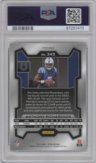 Anthony Richardson from the 2023 Panini Prizm set featuring a Black/White Checker parallel graded by PSA and given an overall grade of 10.