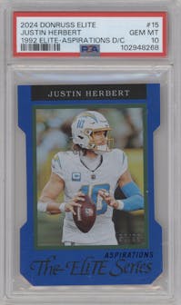 Justin Herbert from the 2024 Panini Donruss Elite set featuring a Die-Cut Aspirations parallel graded by PSA and given an overall grade of 10.