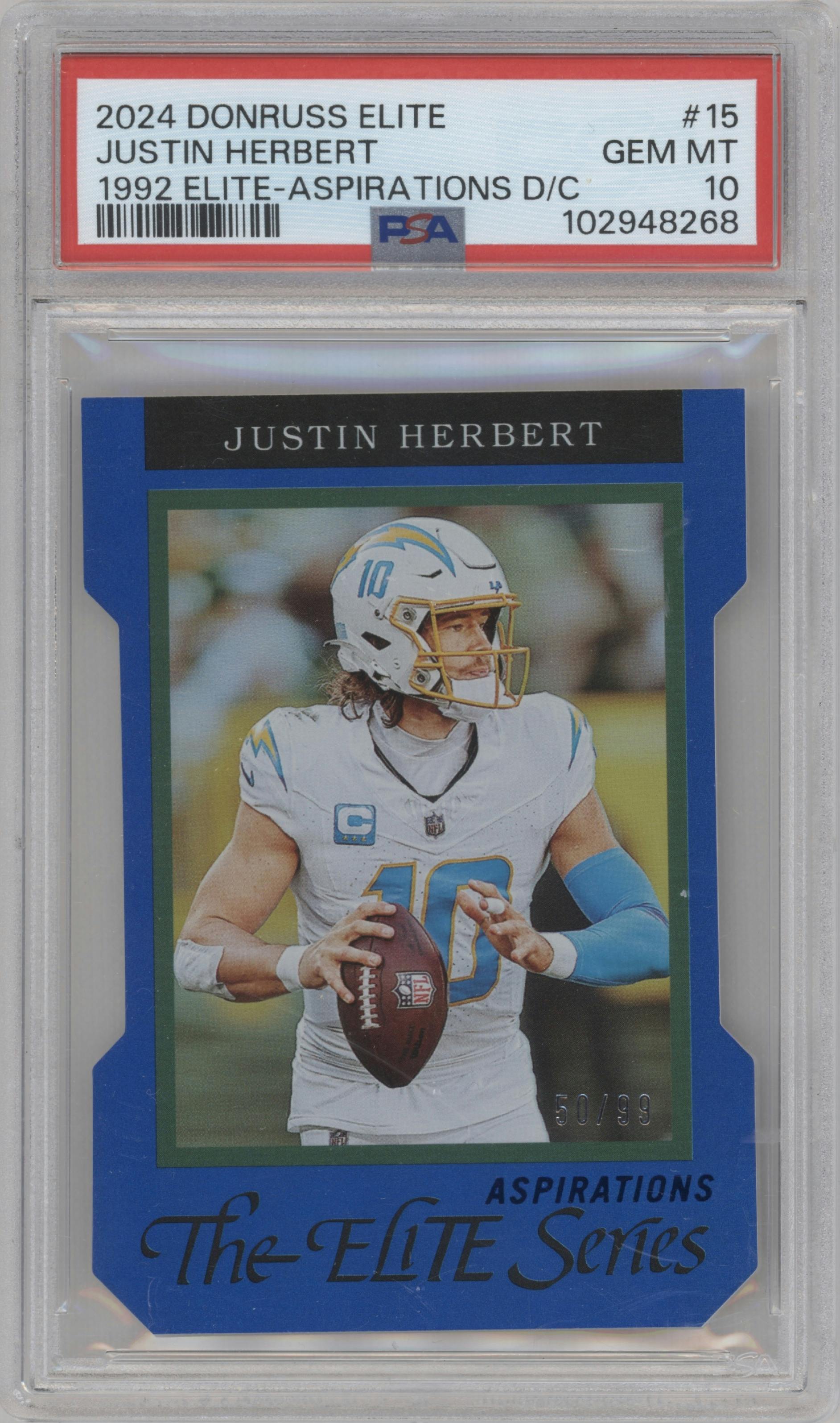 Justin Herbert from the 2024 Panini Donruss Elite set featuring a Die-Cut Aspirations parallel graded by PSA and given an overall grade of 10.