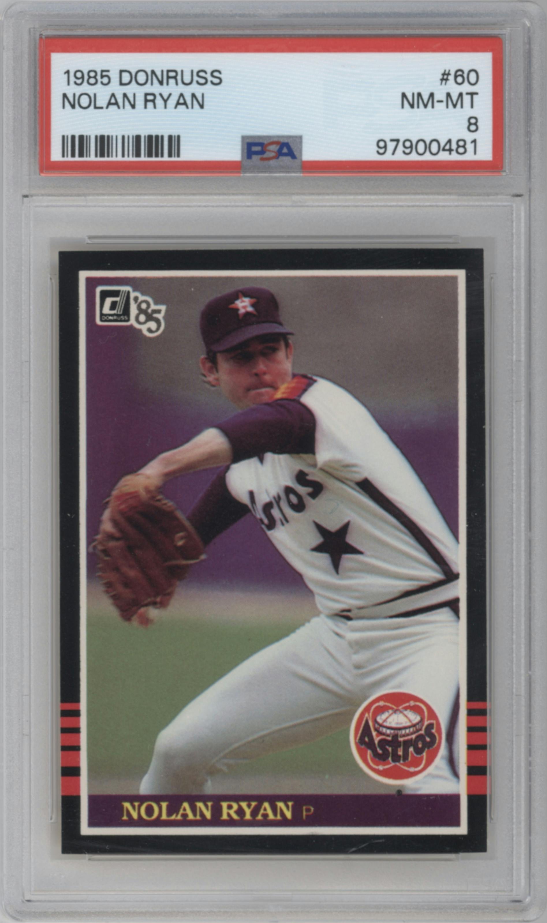 Nolan Ryan from the 1985 Donruss set graded by PSA and given an overall grade of 8.