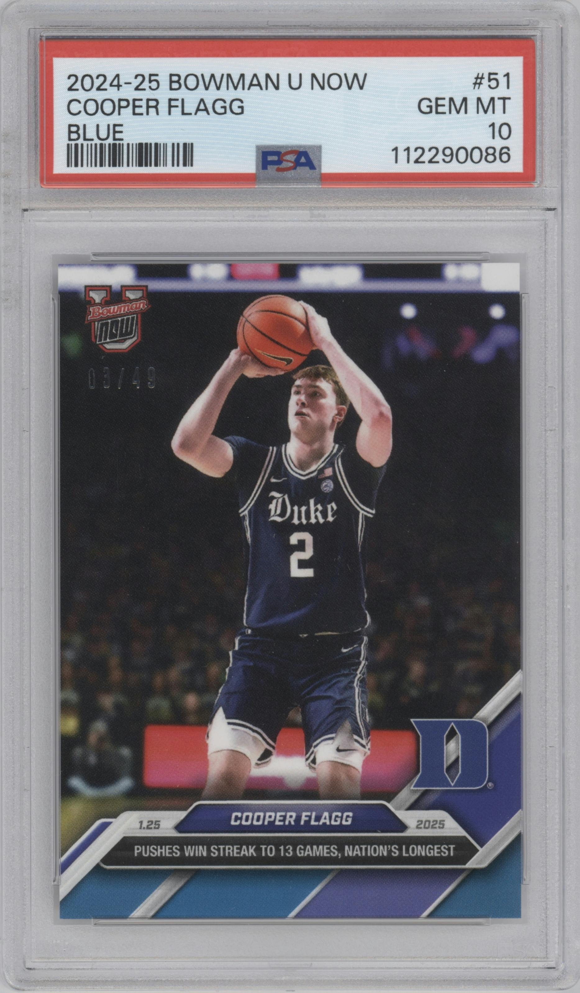 Cooper Flagg from the 2024-25 Bowman U Now set featuring a Blue parallel graded by PSA and given an overall grade of 10.