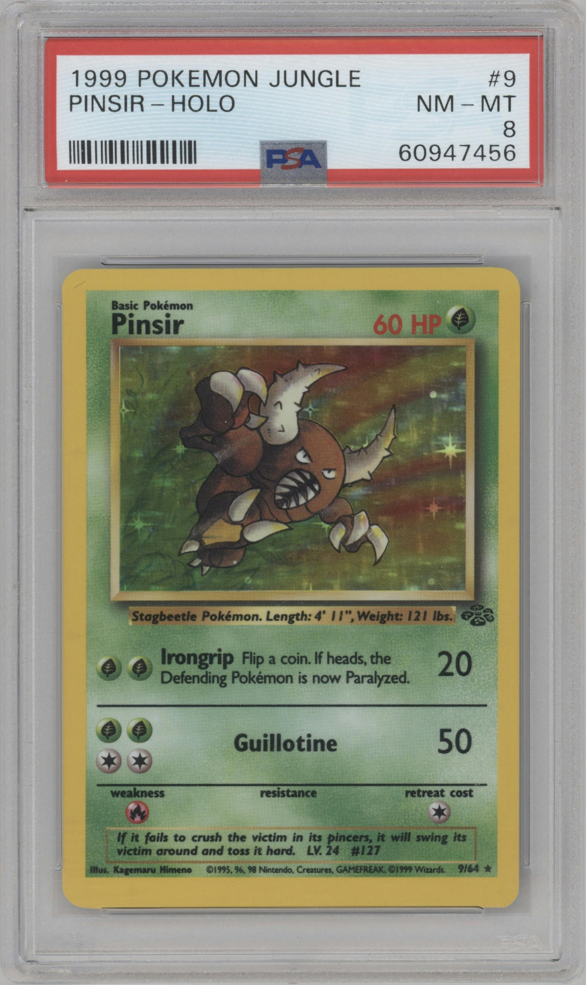 Pinsir from the 1999 Pokemon set graded by PSA and given an overall grade of 8.