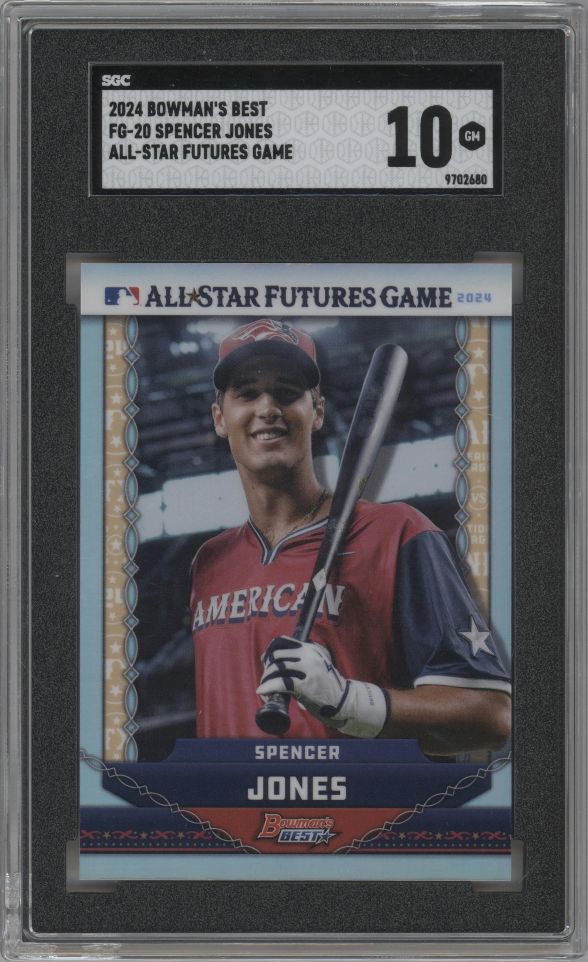 Spencer Jones from the 2024 Bowman's Best set graded by SGC and given an overall grade of 10.