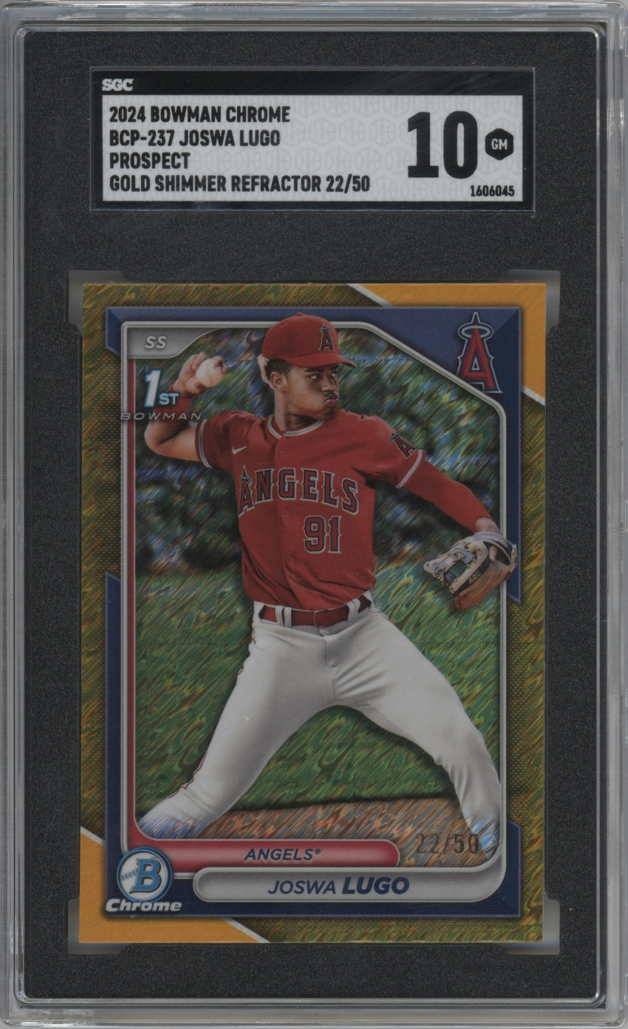 Joswa Lugo  from the 2024 Bowman Chrome set featuring a Gold Shimmer Refractor parallel graded by SGC and given an overall grade of 10.