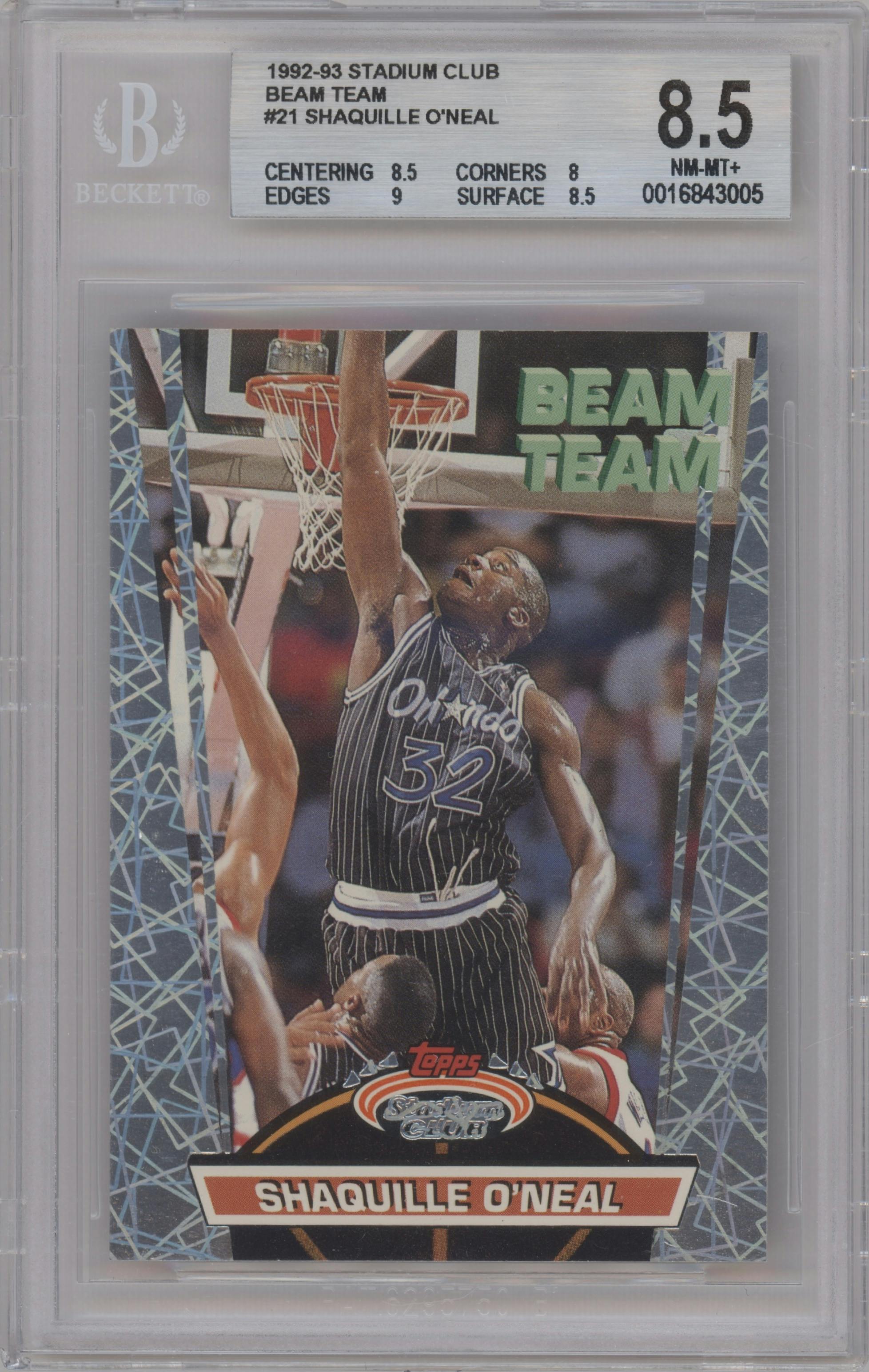 Shaquille O'Neal from the 1992-93 Topps Stadium Club set graded by Beckett and given an overall grade of 8.5.