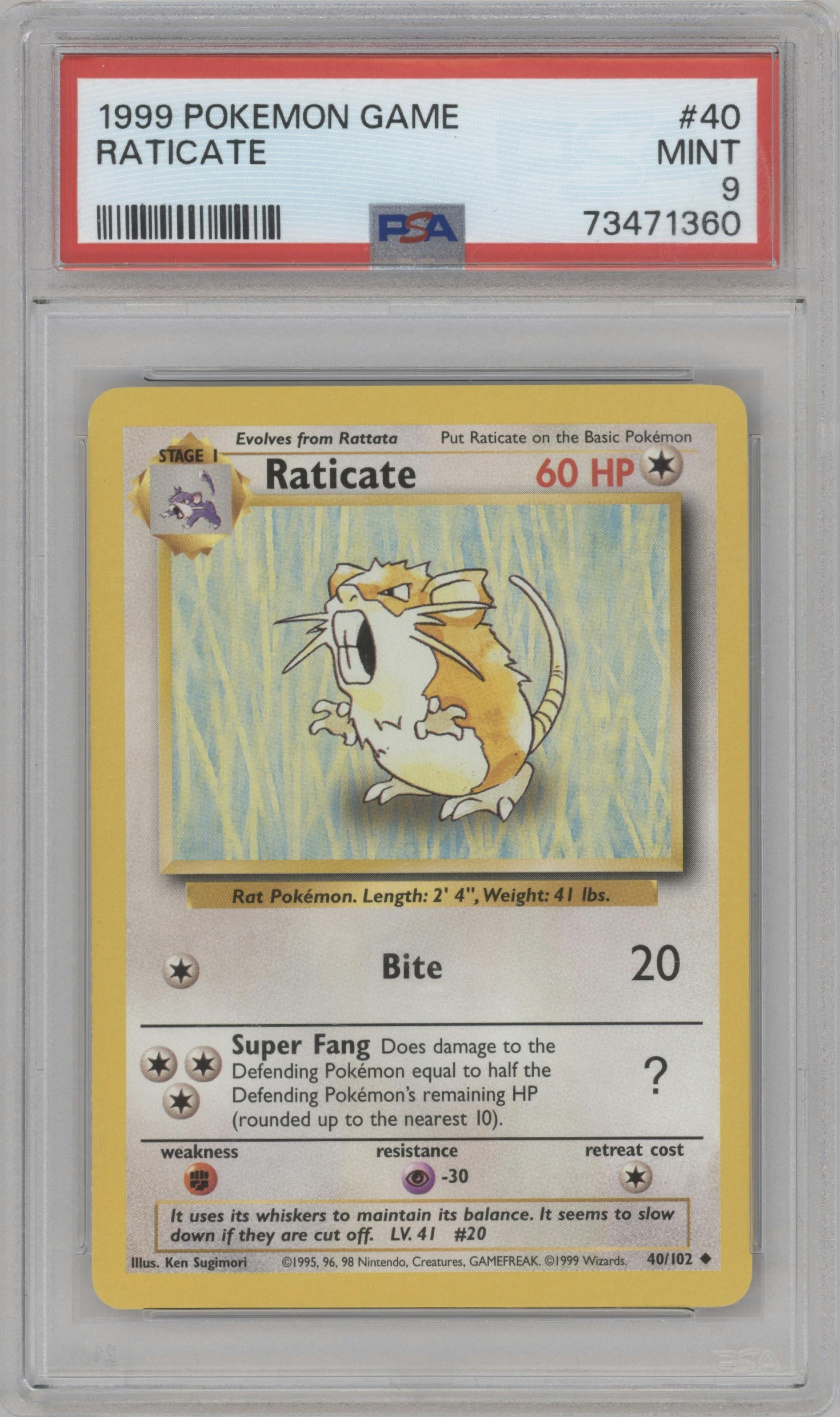 Raticate from the 1999 Pokemon set graded by PSA and given an overall grade of 9.