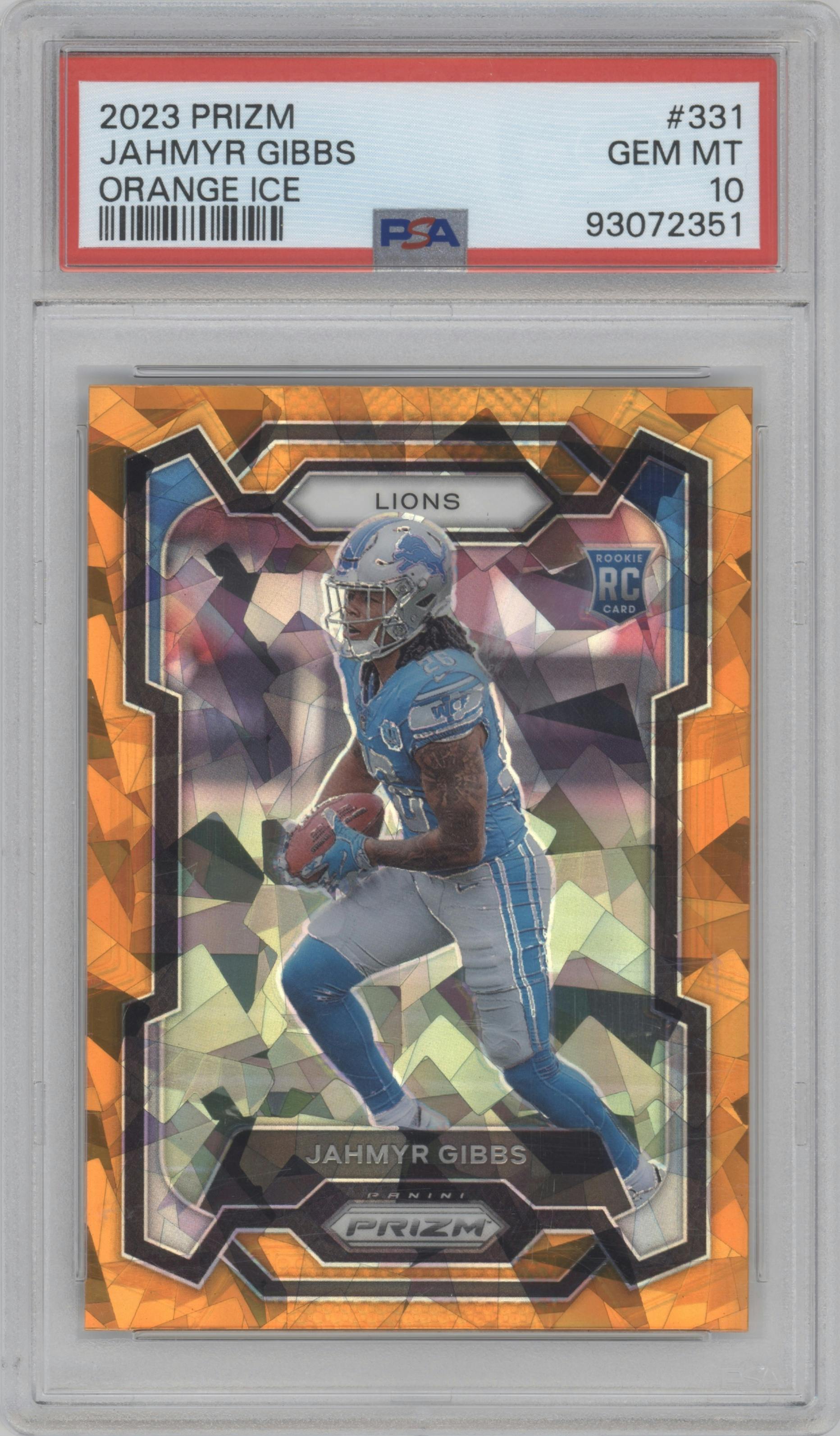 Jahmyr Gibbs from the 2023 Panini Prizm set featuring a Orange Ice parallel graded by PSA and given an overall grade of 10.