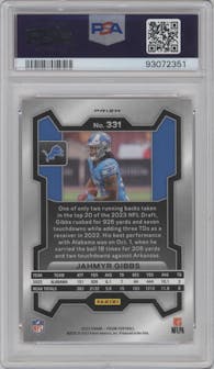 Jahmyr Gibbs from the 2023 Panini Prizm set featuring a Orange Ice parallel graded by PSA and given an overall grade of 10.