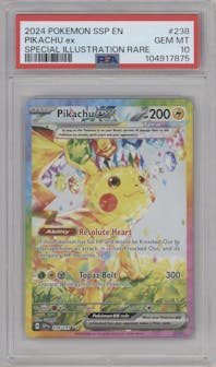 Pikachu ex from the 2024 Pokemon SV set graded by PSA and given an overall grade of 10.