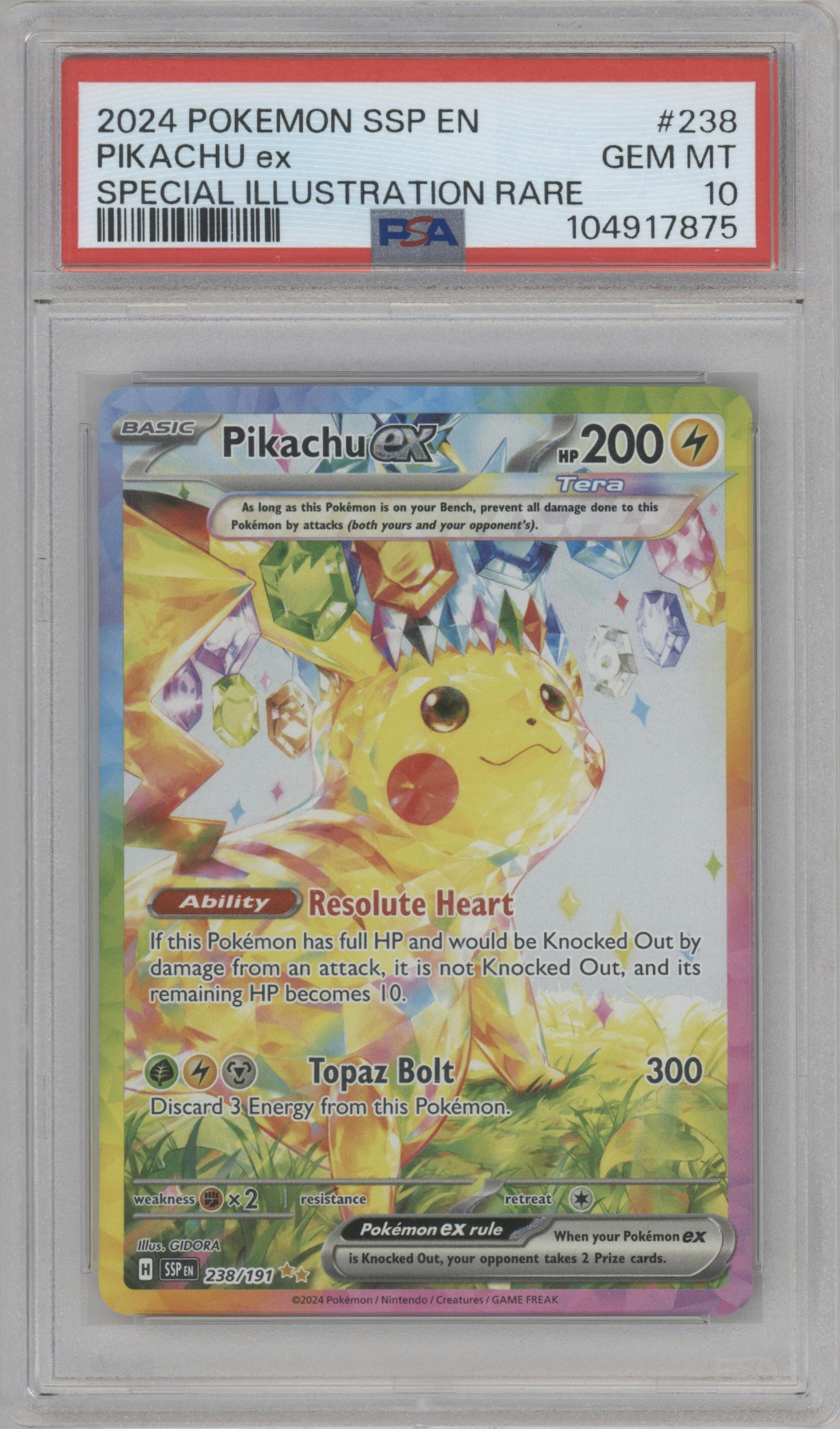 Pikachu ex from the 2024 Pokemon SV set graded by PSA and given an overall grade of 10.