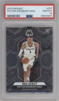 Victor Wembanyama from the 2023-24 Panini Mosaic set graded by PSA and given an overall grade of 10.