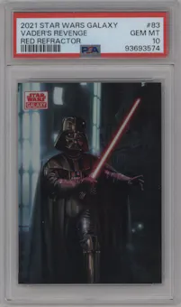 Vader's Revenge from the 2021 Topps Chrome Star Wars Galaxy set featuring a Red Refractor parallel graded by PSA and given an overall grade of 10.