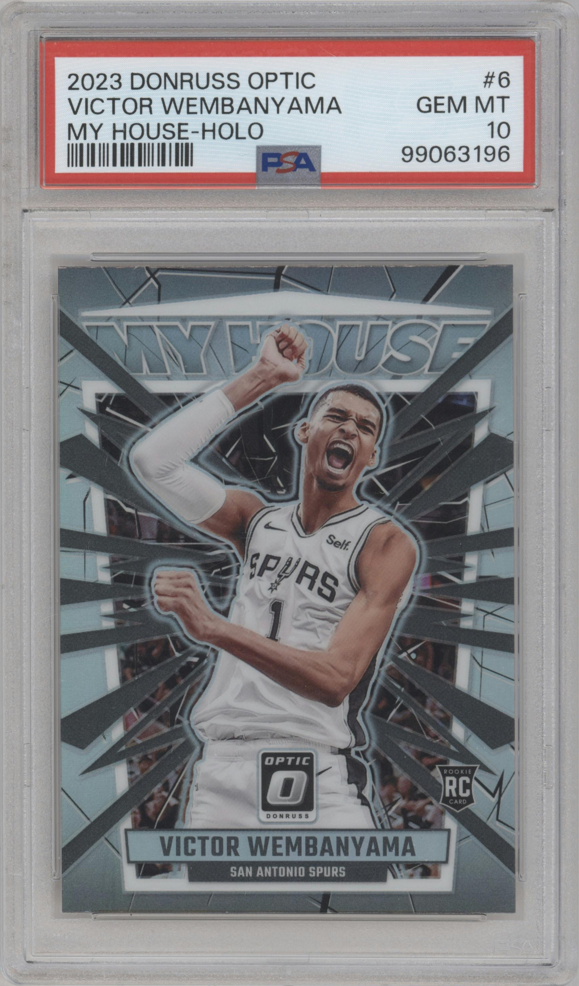 Victor Wembanyama from the 2023-24 Donruss Optic set featuring a Holo parallel graded by PSA and given an overall grade of 10.